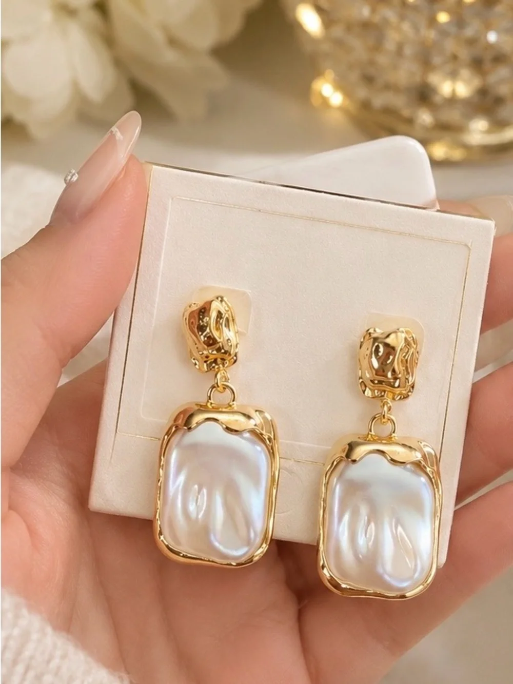 Gold and Pearl Frame Drop Earrings - Picture 4 of 5